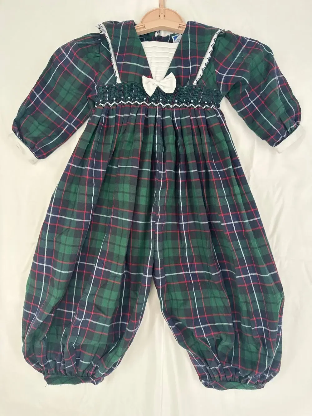 Vintage Carriage Boutiques Green Plaid Bubble Romper Pants Collar size 2T